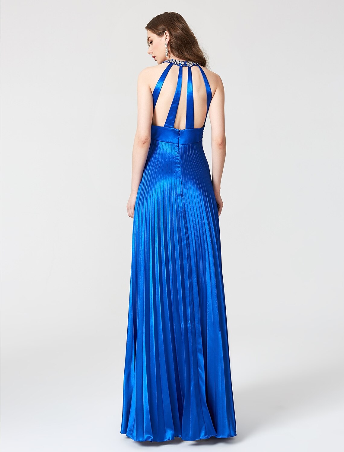 Vestido de fiesta de cóctel con escote joya, largo hasta el suelo, sin mangas, corte A, satén, con pliegues y abalorios